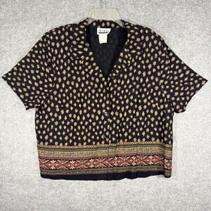 More En Focus Studio Blouse Women 16 Black Tan Vintage 90s Border Print 95277-T